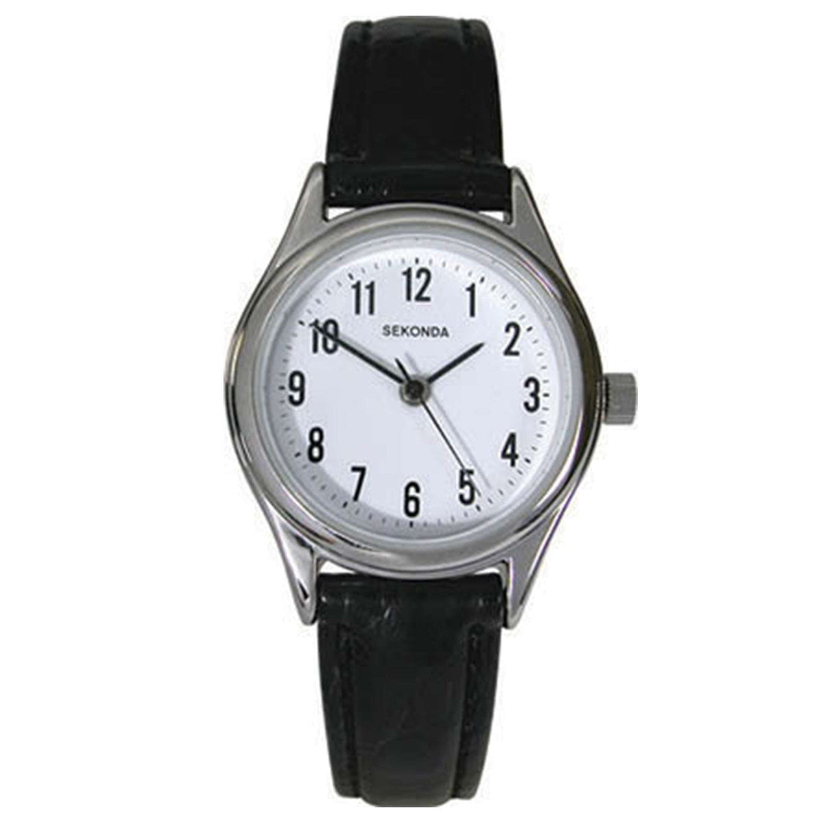 Sekonda analog wristwatch with black leather band, silver case, white face and hands