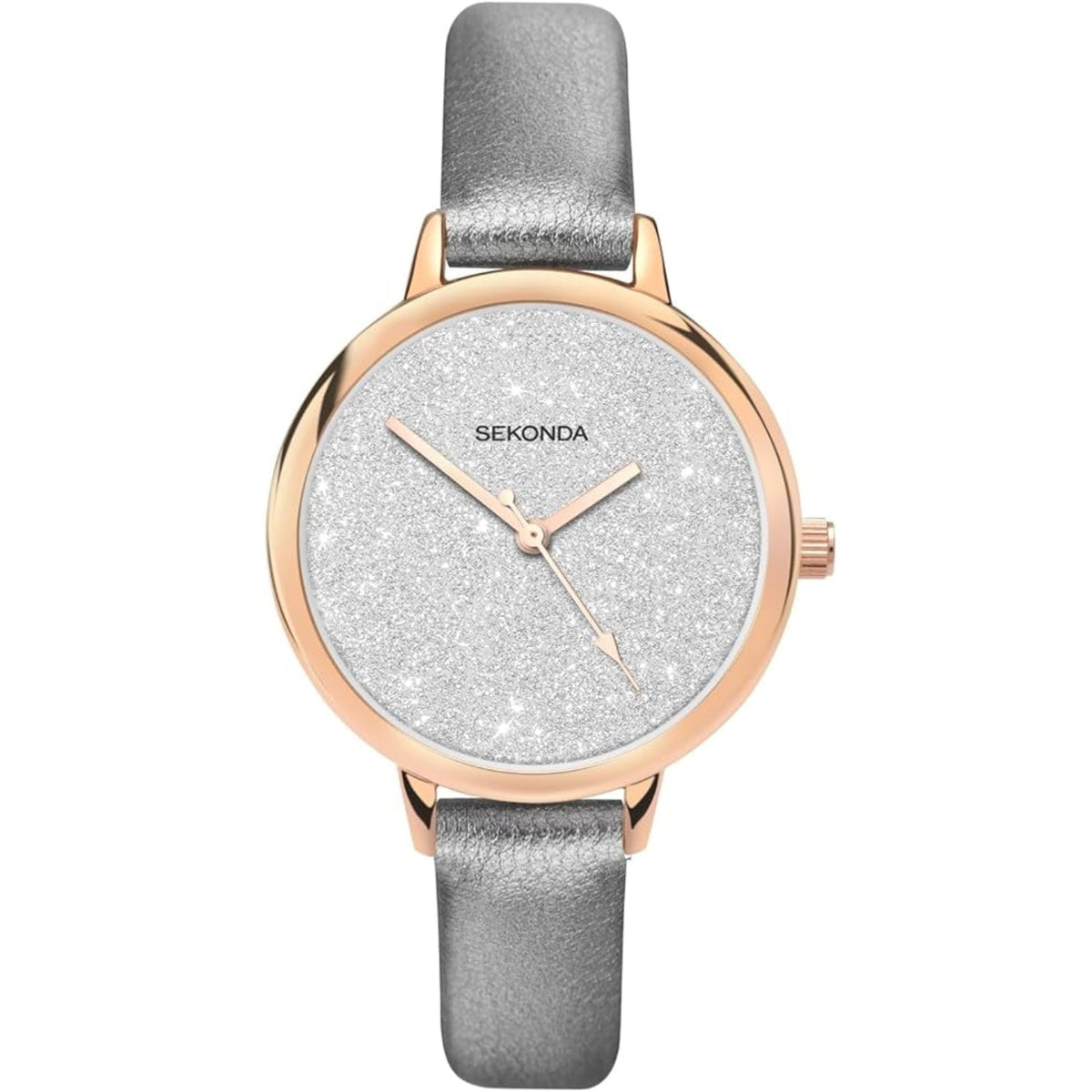 Ladies quartz watch with silver textured dial and rose gold case; gray leather strap