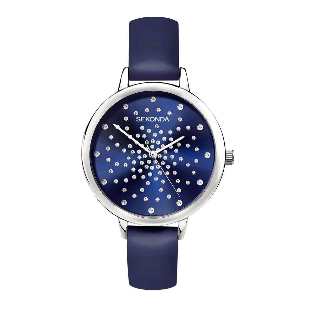 Ladies quartz watch with navy-blue dial dot pattern, blue leather strap, silver round case, analog hands