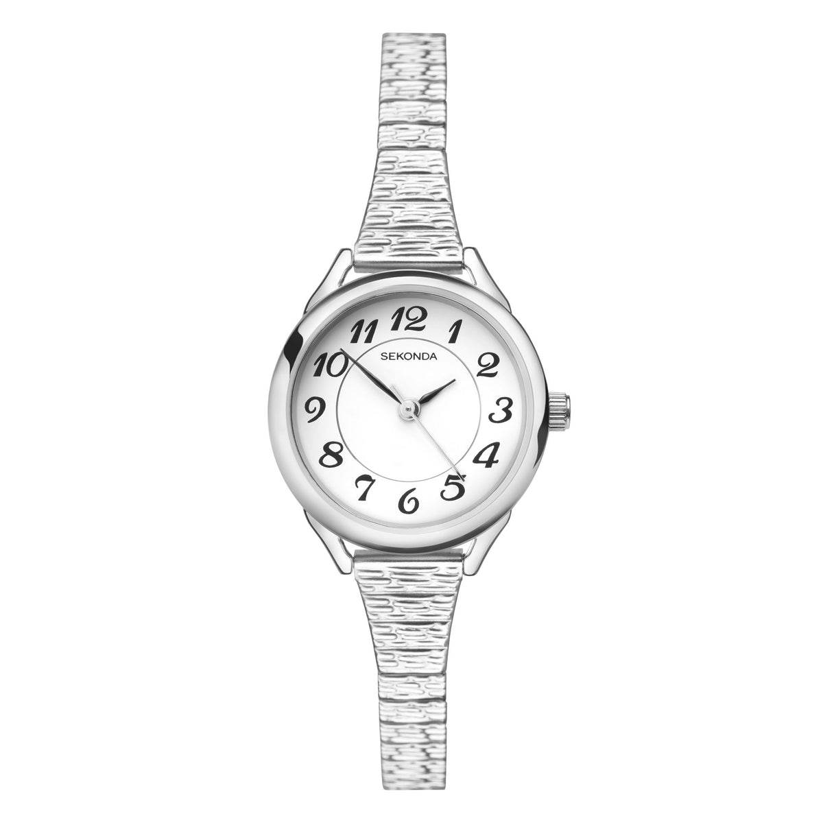 Sekonda quartz watch featuring a white face with black Roman numerals and stainless bracelet