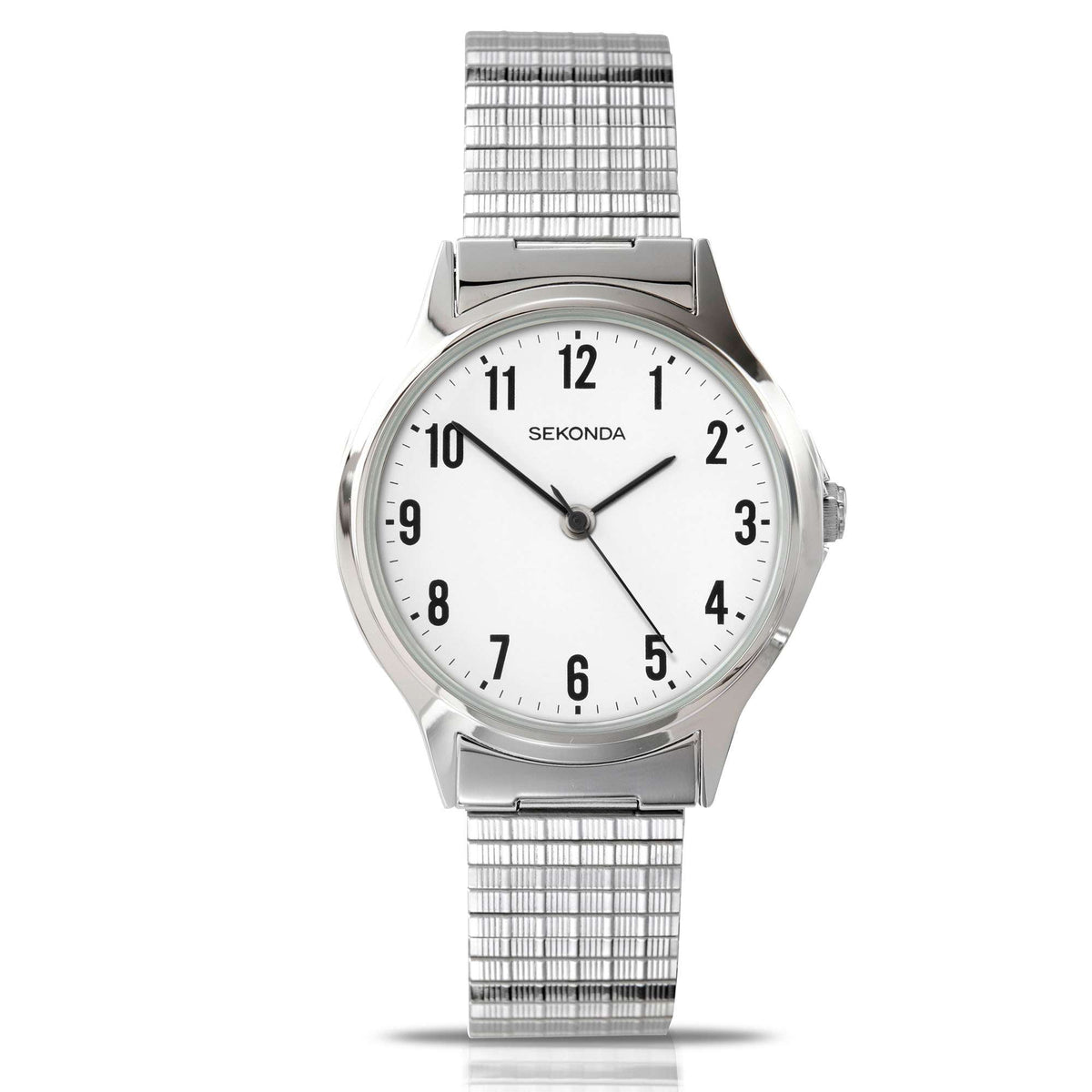Sekonda men's round quartz watch on silver stainless steel mesh bracelet, white dial