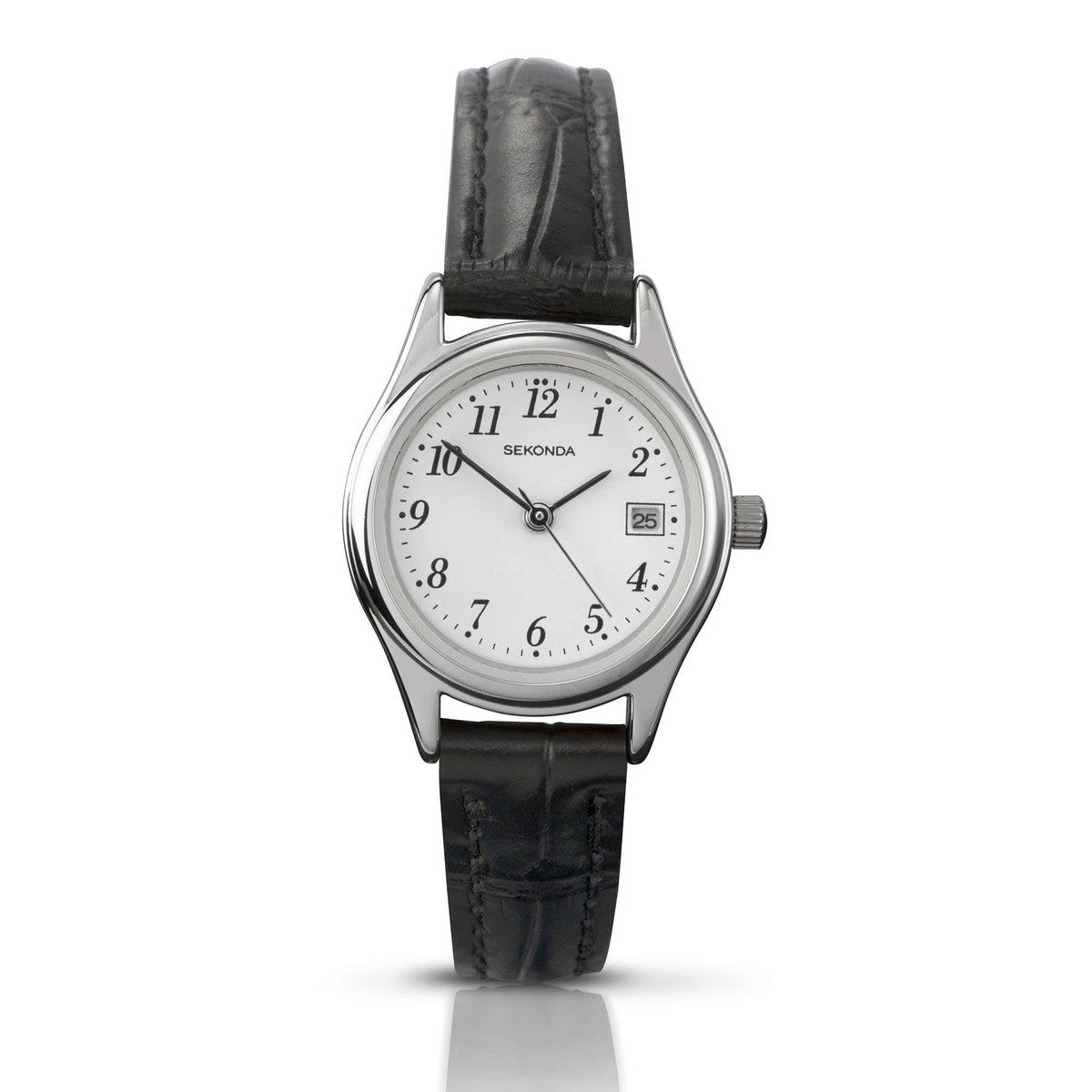 Analog ladies wristwatch, white face with black leather strap and silver-tone bezel