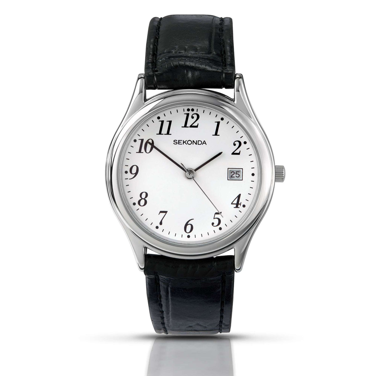 Men's quartz-style watch with white dial, black leather strap, silver case, date at 3