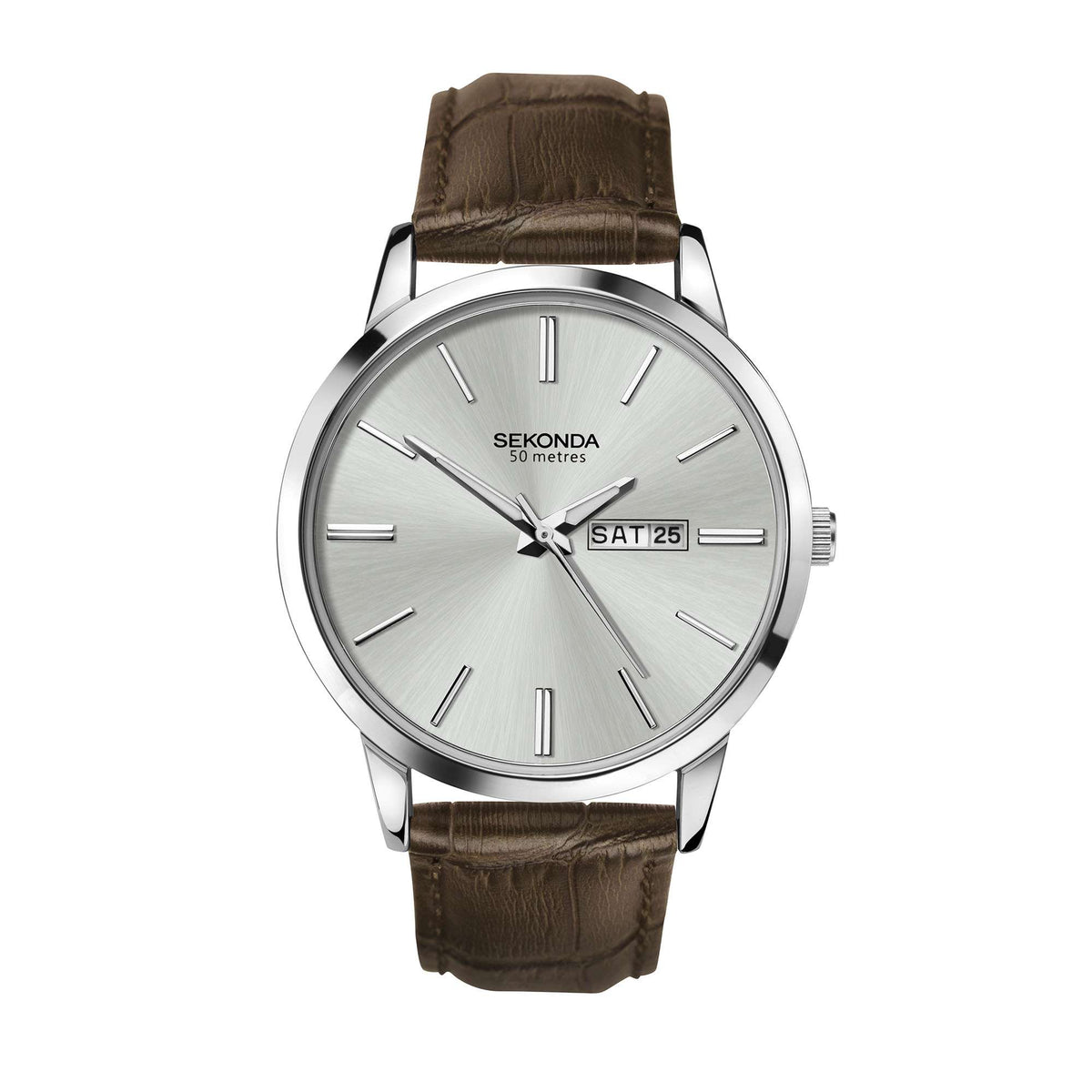 Men's quartz watch with visible crown; silver case, light dial, brown leather strap, date