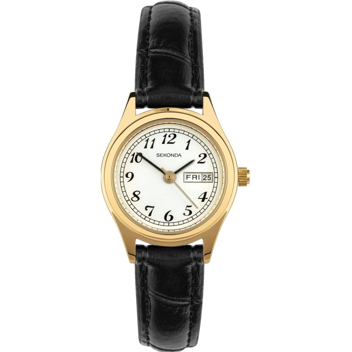 Ladies watch with white dial, black leather strap, gold-tone bezel and Arabic numerals, date