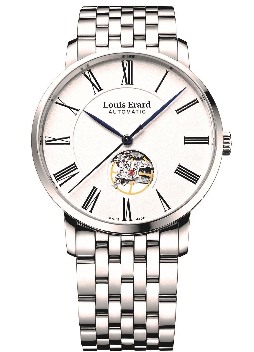 Men's automatic watch with white Roman-numeral dial, open balance display, and metal bracelet
