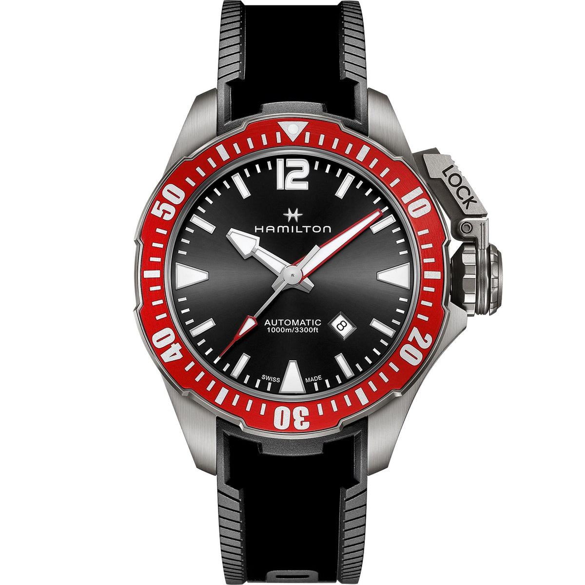 Front view men’s automatic watch with black dial, red bezel, and black rubber strap