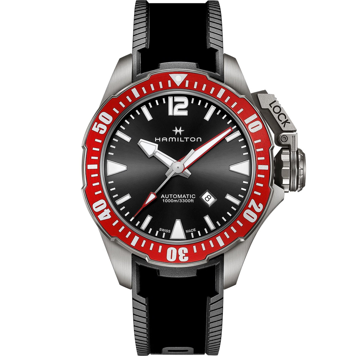 Men’s automatic wristwatch front with black dial, red bezel, and black rubber band