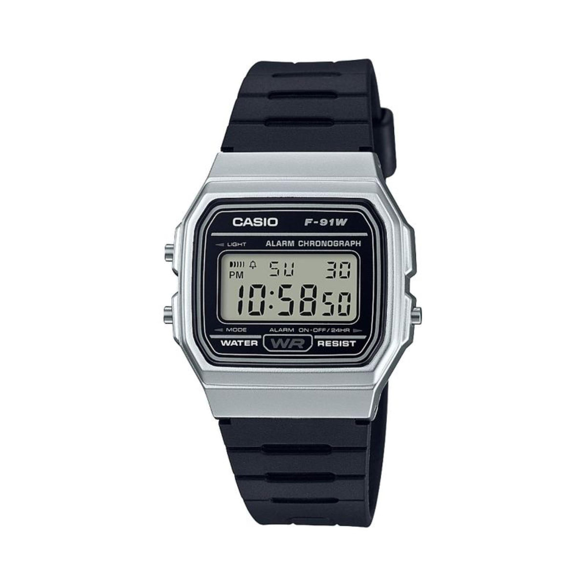 Casio F-91W digital alarm chronograph watch, black strap, backlit LCD screen