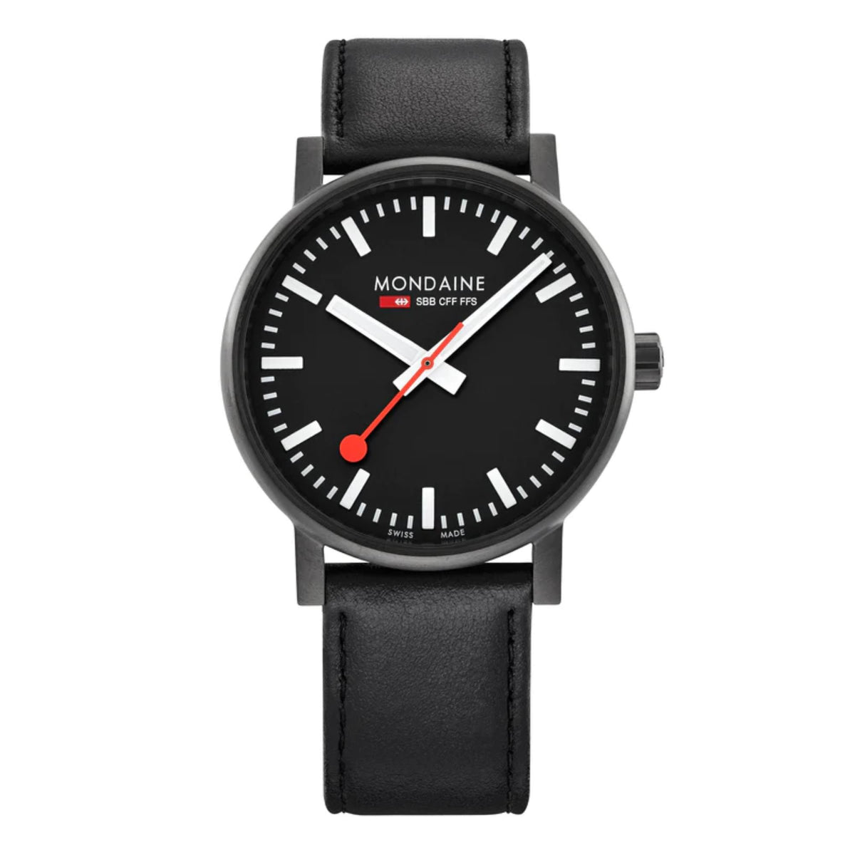 Black leather strap wrist watch with black dial, red accents, and white index markers