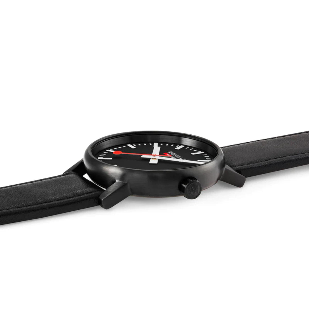 Side view of black leather strap watch with black case, bezel, and side crown