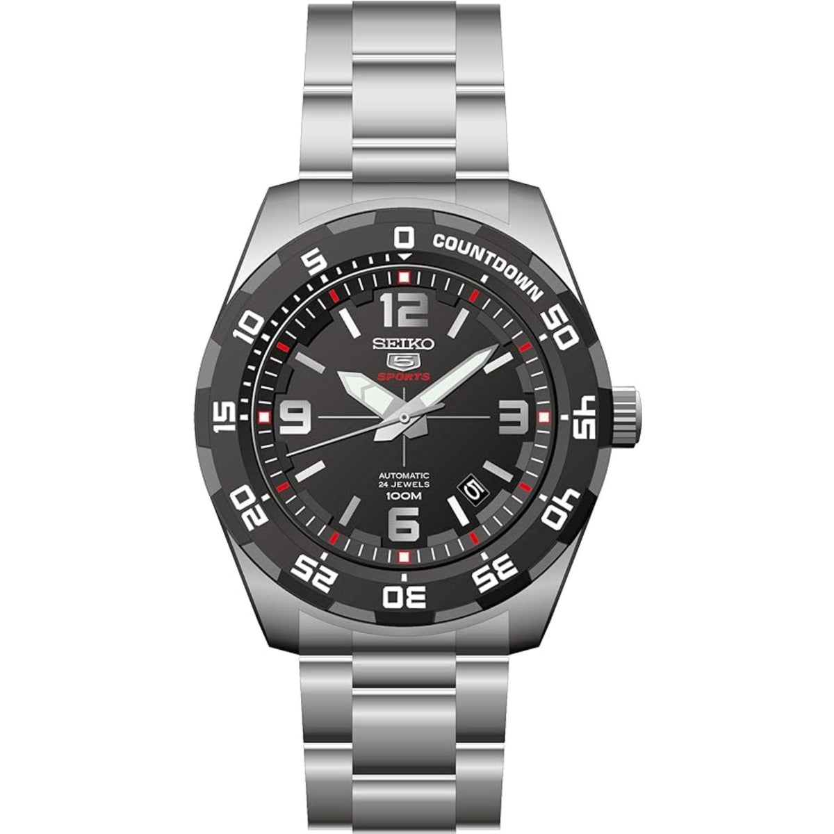 Men's Seiko 5 Sports watch with black dial, silver bracelet, 100M water resistance and bezel