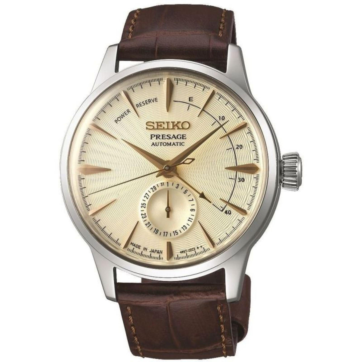 Seiko men’s automatic watch front view, champagne dial with markers and brown leather strap