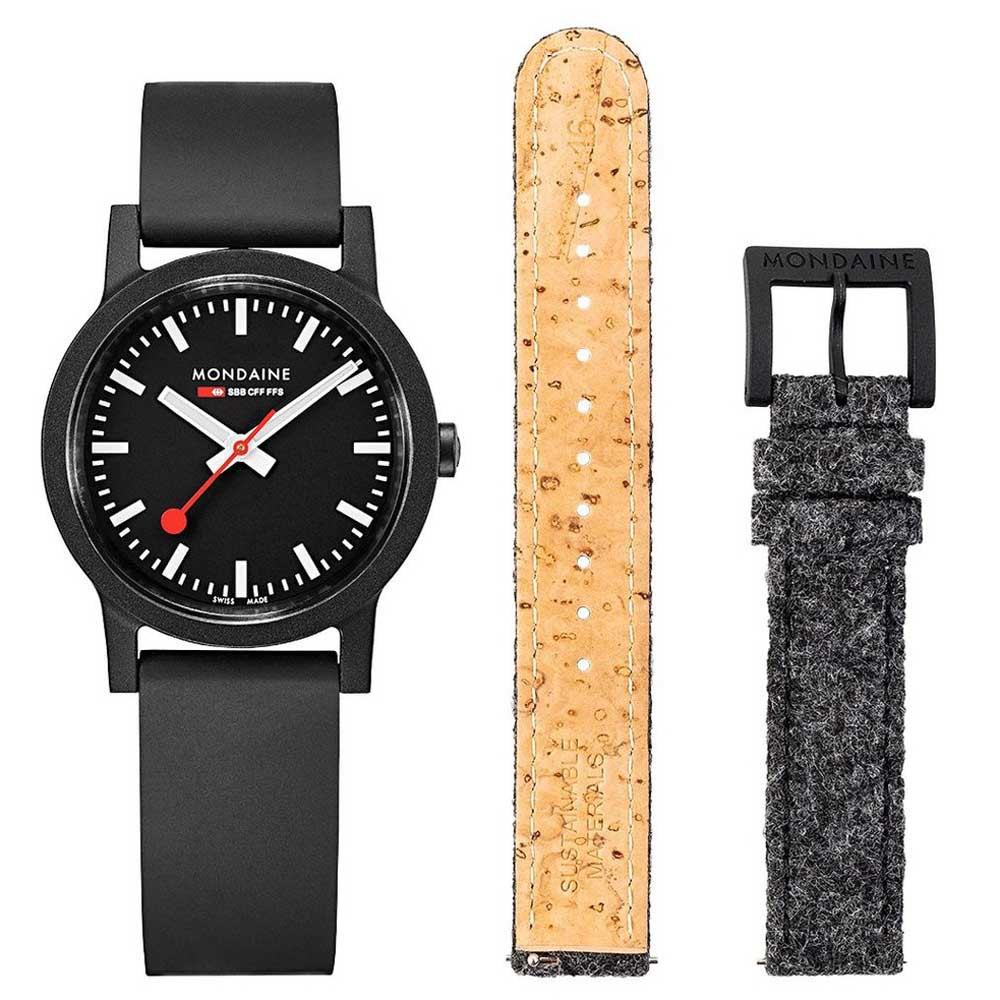 Men's quartz watch set: black dial watch with matching black strap and spare straps.