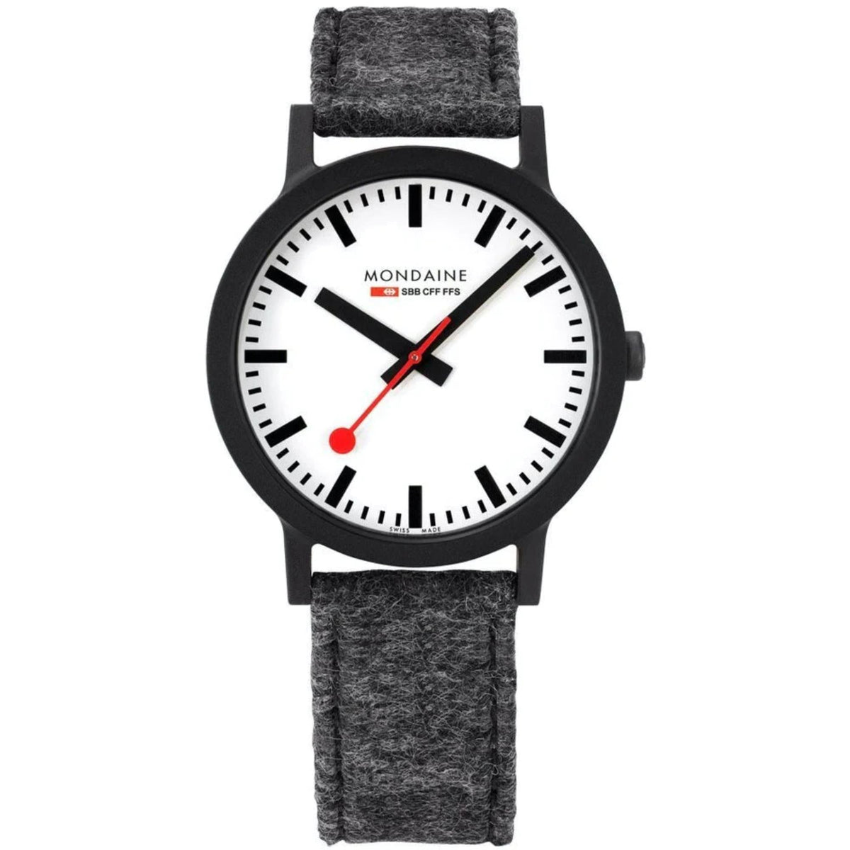 Round-faced men's Mondaine quartz watch with white dial, black markers, gray fabric strap