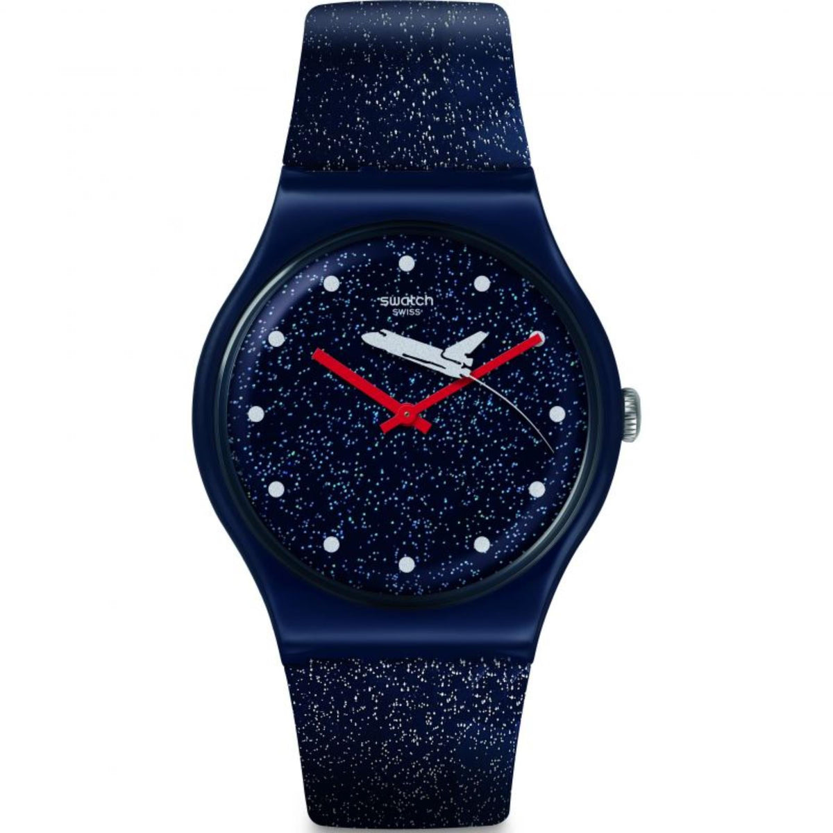 Blue starry dial watch on navy silicone strap, white markers, and red hands.