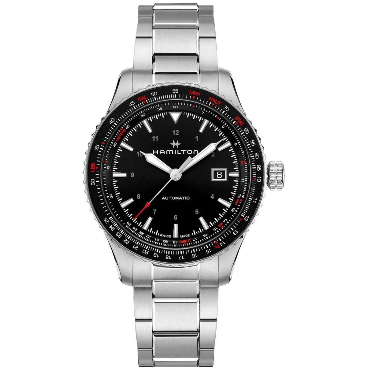 Front view of Hamilton Khaki Aviation watch H76615130 showcasing its bezel and stainless steel link bracelet
