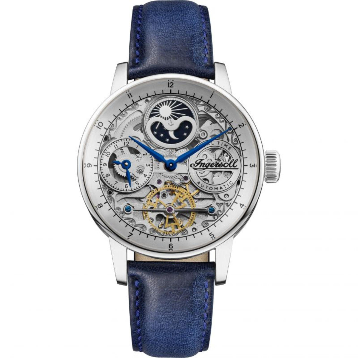Men's automatic skeleton watch with blue leather strap, round silver case, detailed subdials