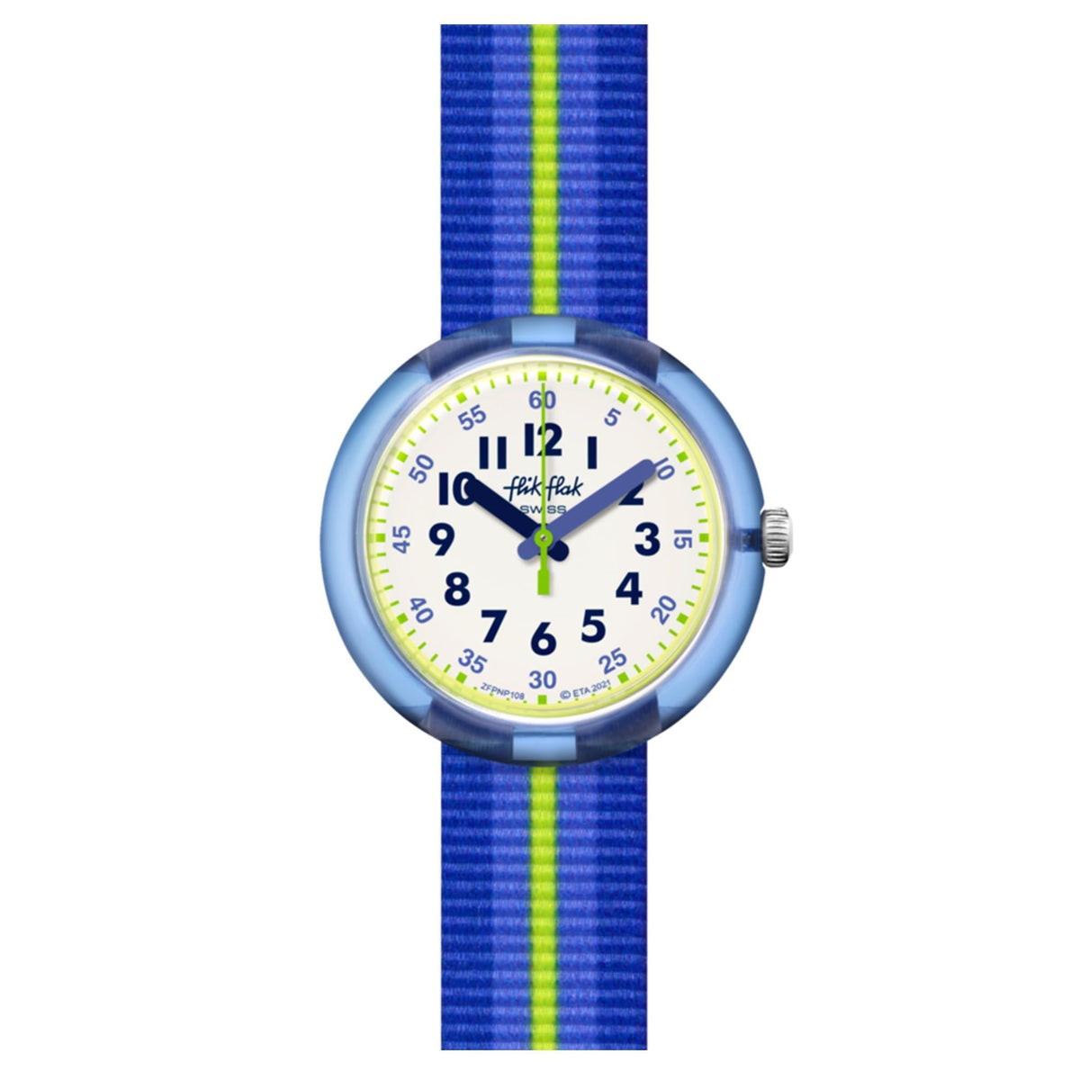 Boys' wristwatch featuring a blue dial and blue strap with a bright green center stripe