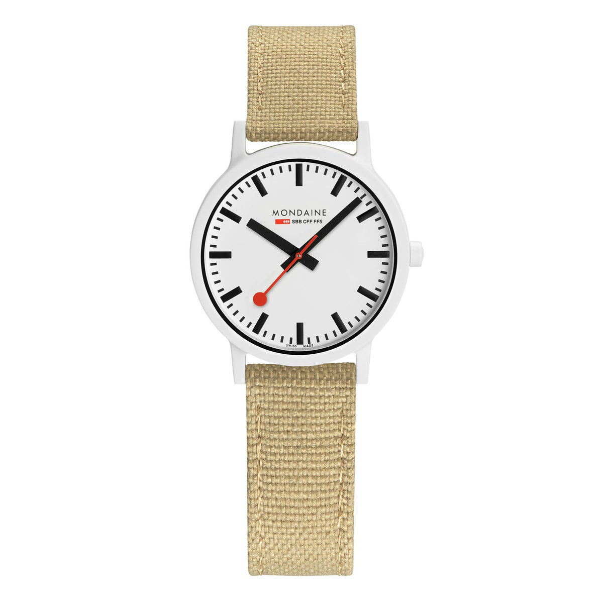 Round ladies quartz watch with white dial, black markers, beige textile strap
