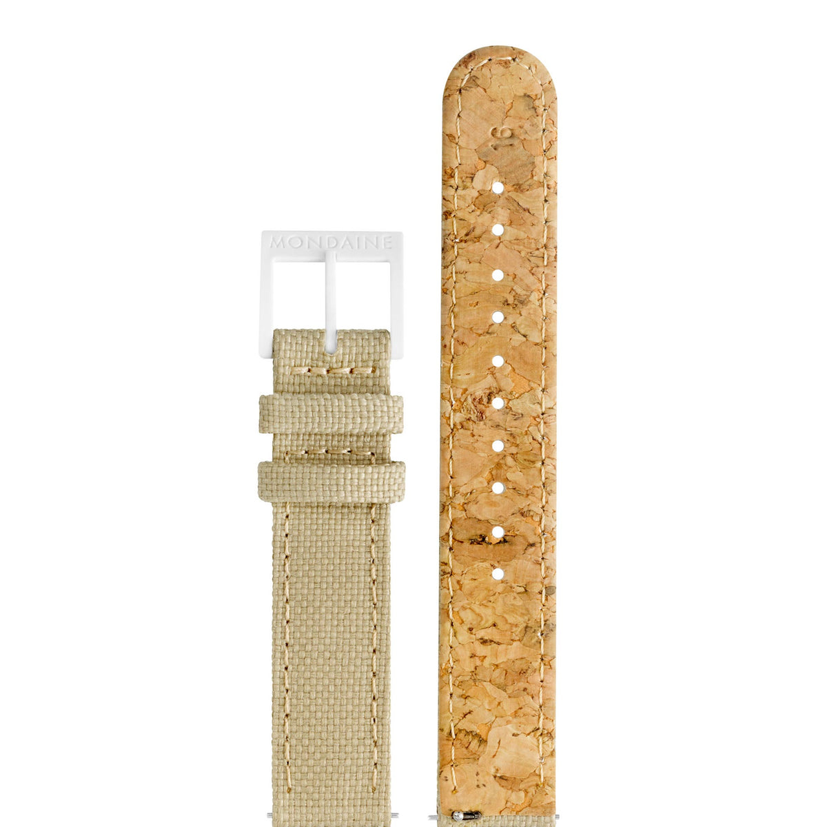Ladies quartz watch strap side view: textured tan strap with stitched beige portion