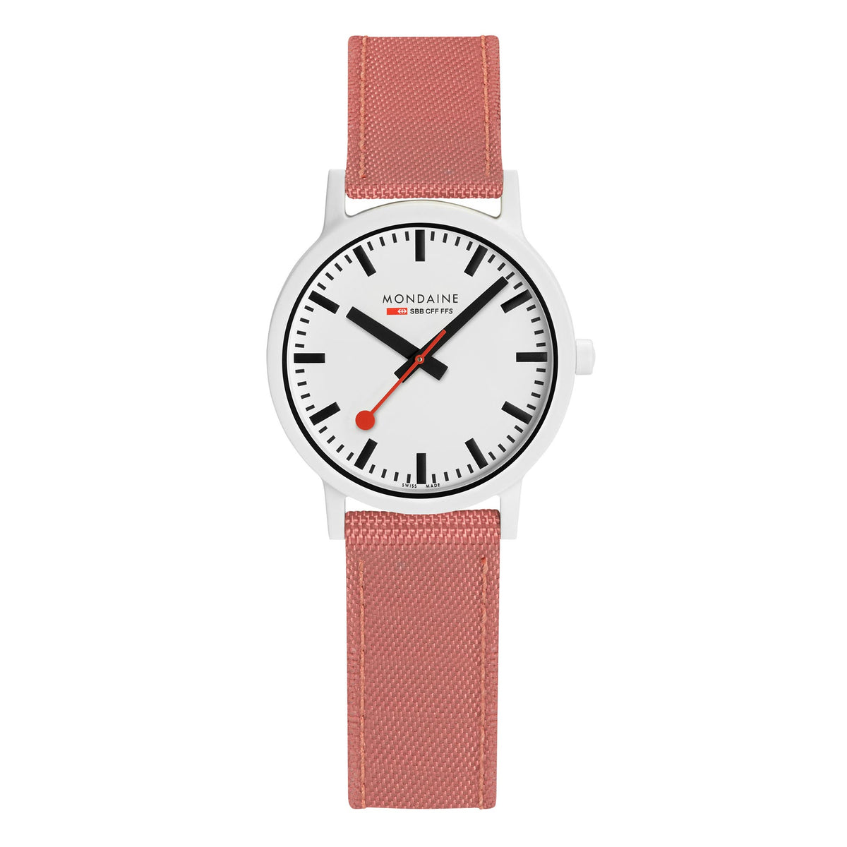 Ladies quartz watch front view: white dial with black markers, red seconds hand, red strap