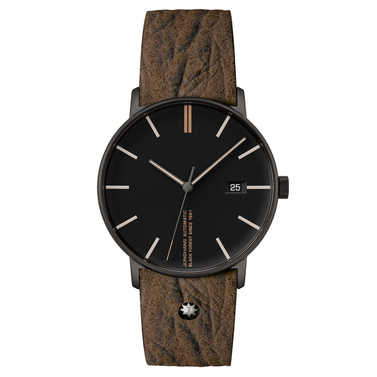 Automatic men's watch with black dial, slim hands and markers, date window, brown leather strap