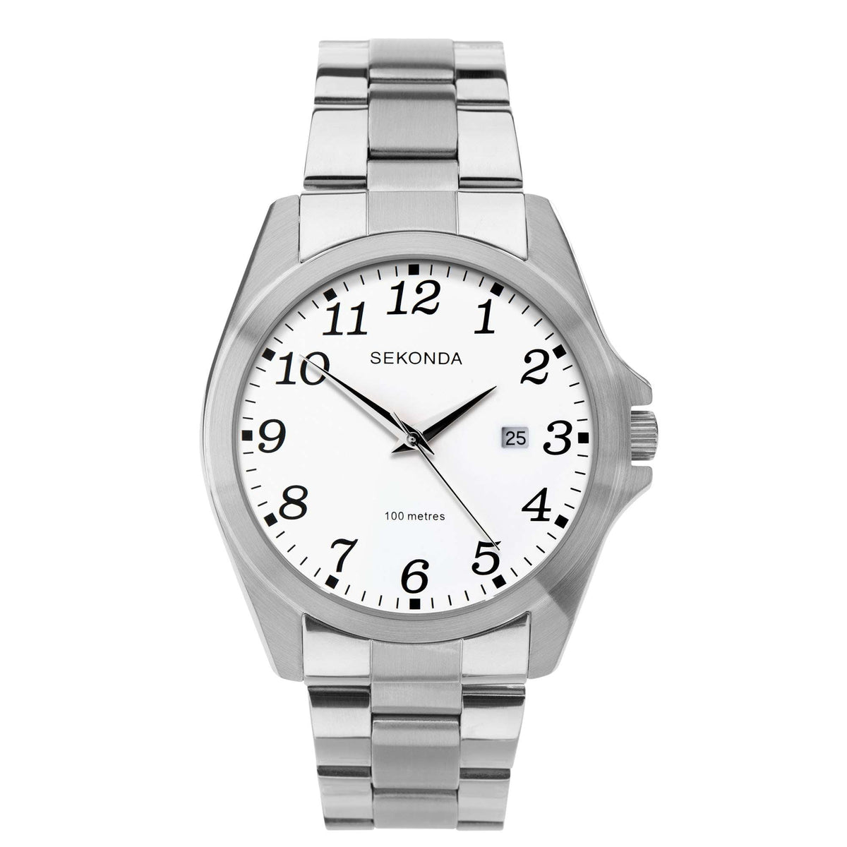 Men's stainless steel bracelet watch featuring a white dial, black markers, three hands, date
