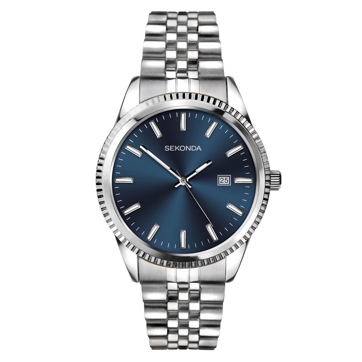 Men's stainless steel quartz watch, blue dial with baton markers and date window