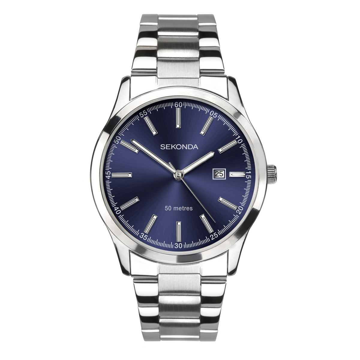 Sekonda steel watch with dark blue dial, baton indices, and 50 metres label