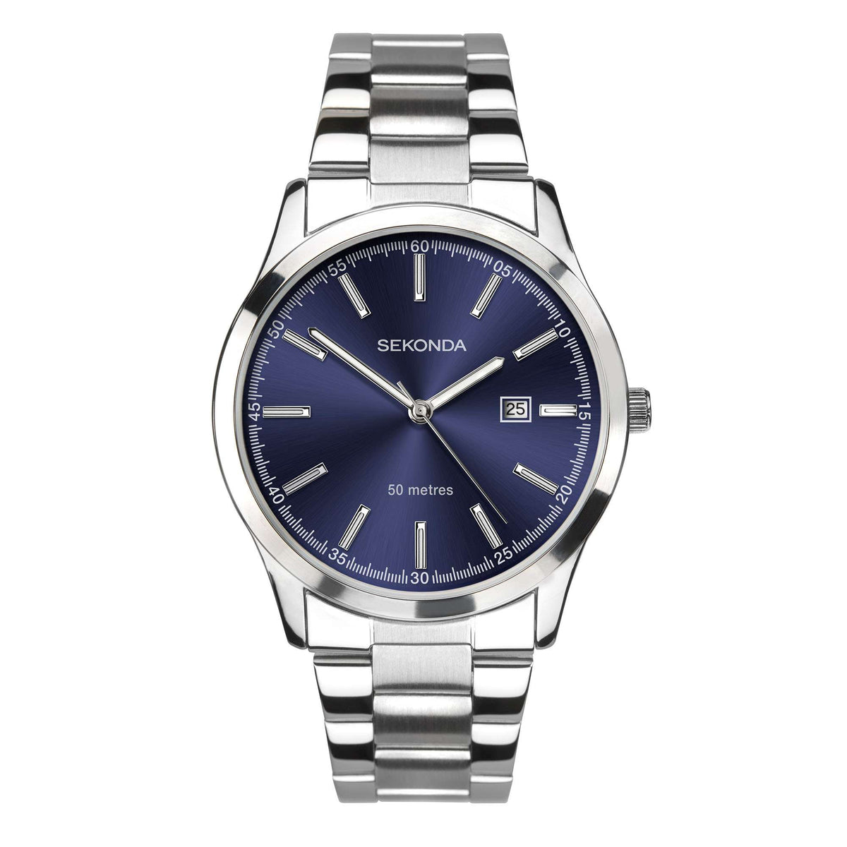 Sekonda wristwatch with blue gradient dial, baton markers, and steel bracelet links
