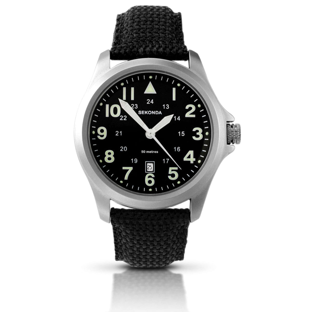 Men's aviator quartz watch featuring a black dial and black fabric strap with silver-tone case