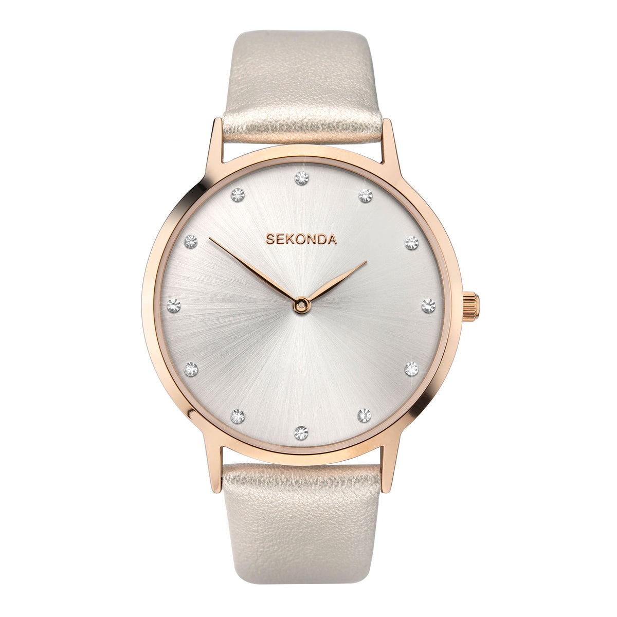 Ladies quartz watch with silver dial, rose-gold hands, gray leather strap