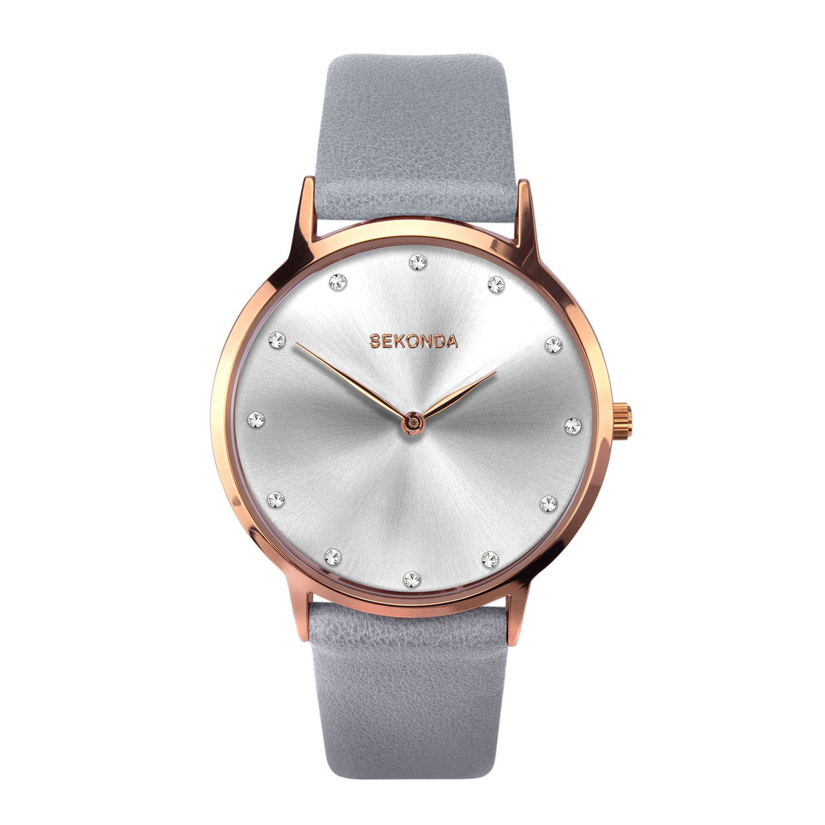 Sekonda quartz watch: silver dial with crystal indices, orange-gold hands, gray leather strap