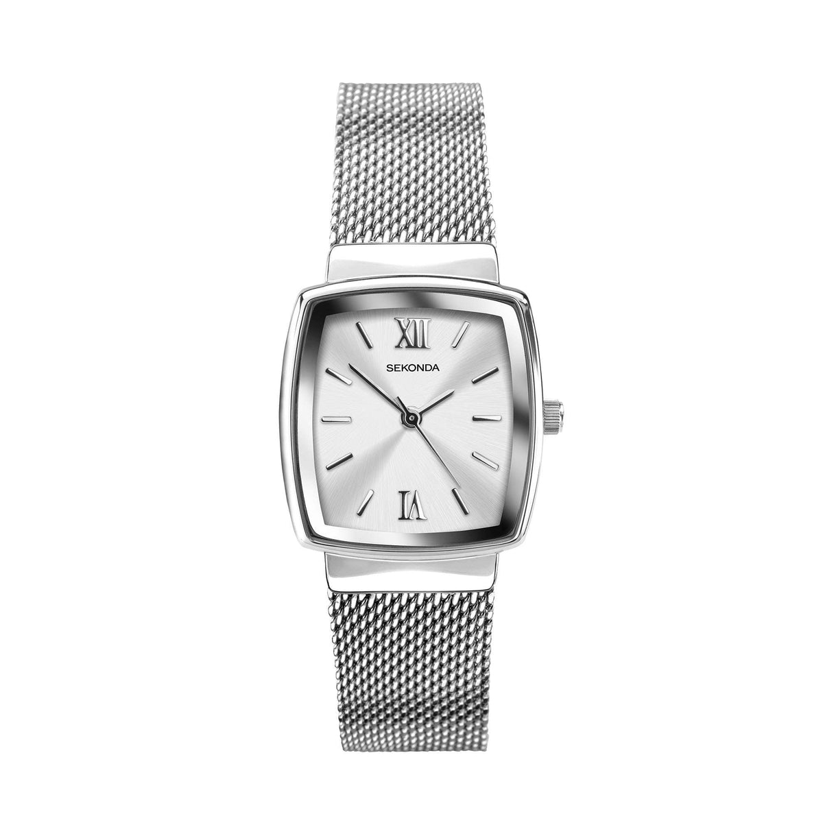 Ladies quartz bracelet watch with white dial, Roman numerals, and mesh strap