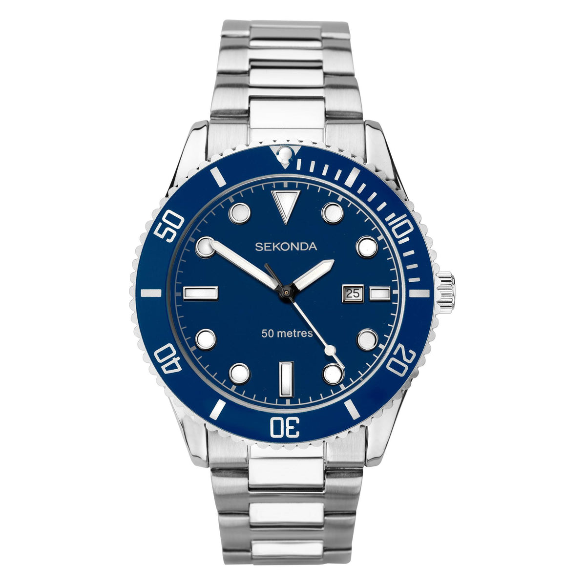 Men's stainless steel dive watch, blue dial and bezel with markers, 50 metres.