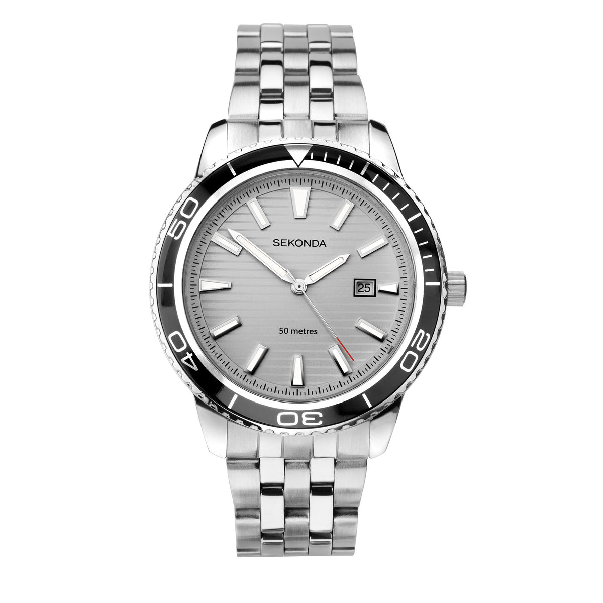 Men's stainless bracelet watch, silver dial with black bezel and date at 3 o'clock
