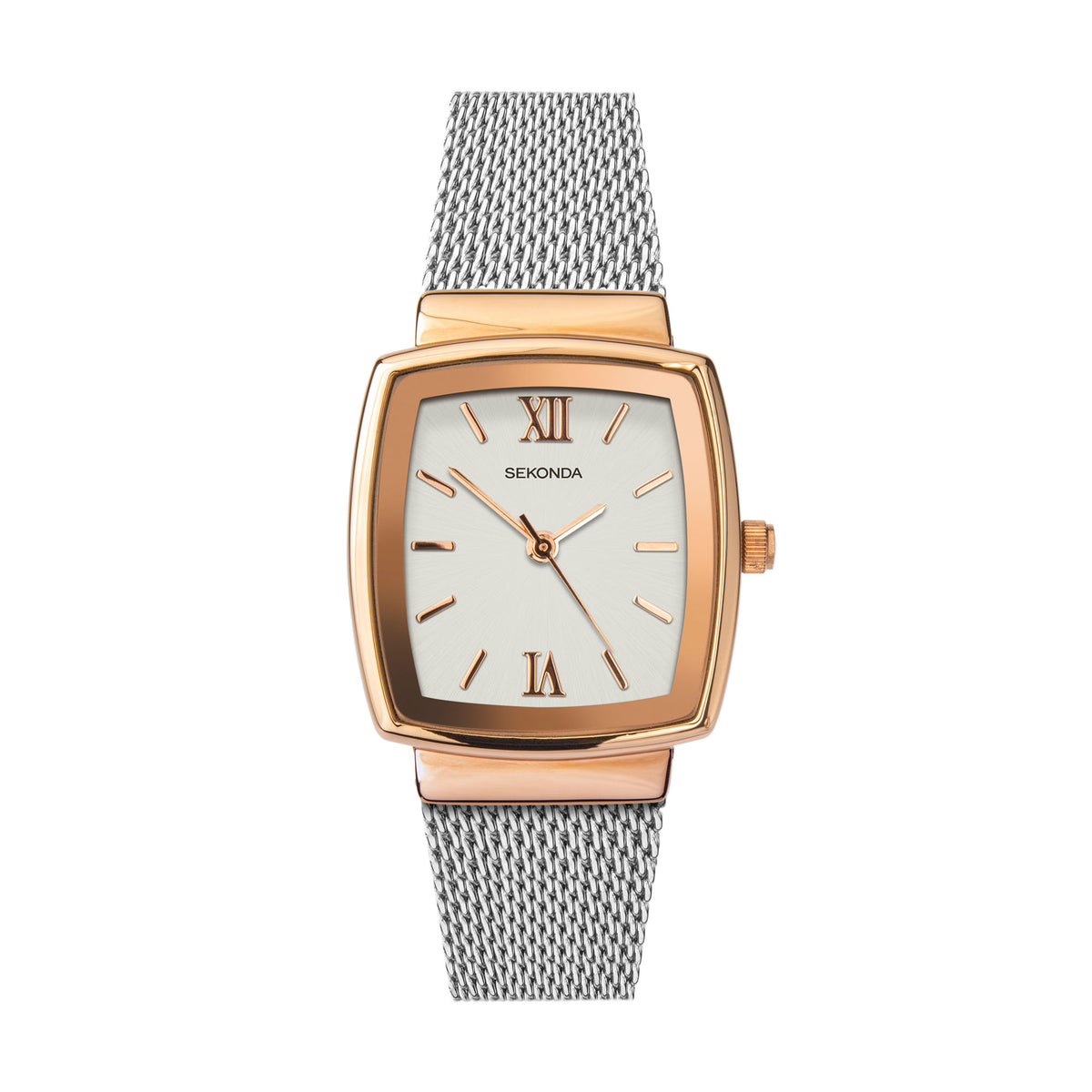 Ladies quartz watch with white dial and Roman numerals, gold-tone bezel, mesh bracelet