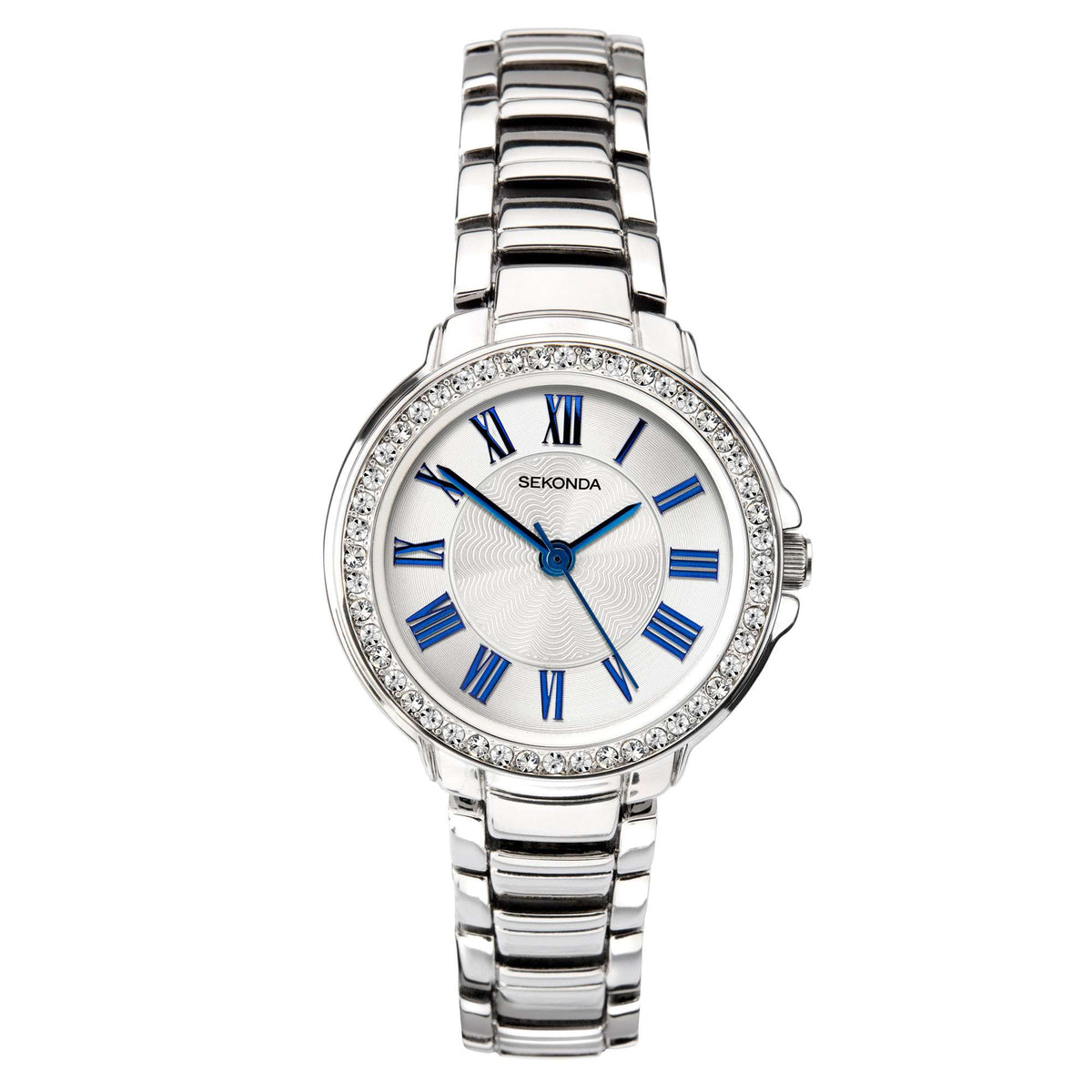 Ladies Sekonda wristwatch, silver bracelet and case, blue dial with Roman numerals