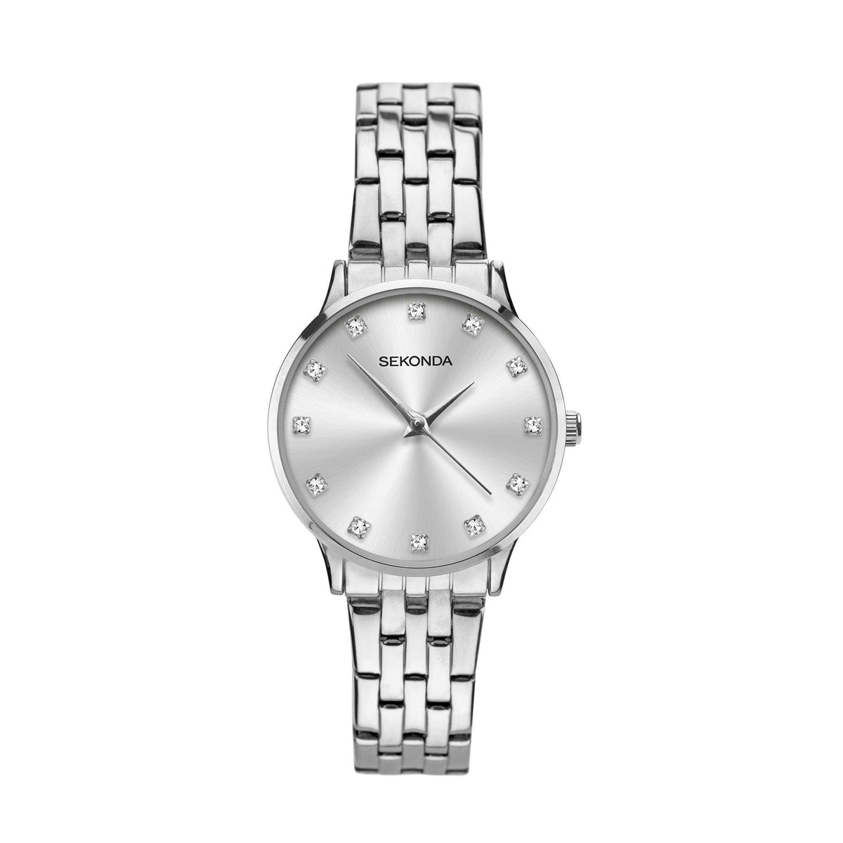 Wrist watch with silver-tone link bracelet, white dial, and diamond hour markers