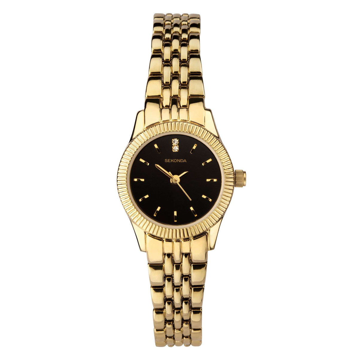 Gold-tone wristwatch with black face, metal link bracelet, baton markers, crown at 3 o'clock