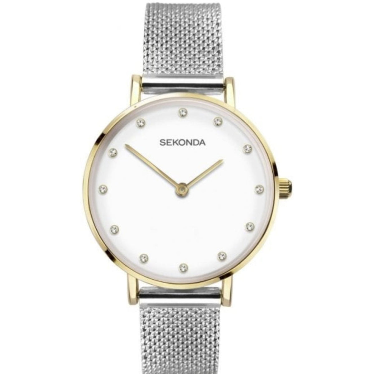 Round Sekonda watch with white dial, gold hands and markers, silver mesh Milanese strap
