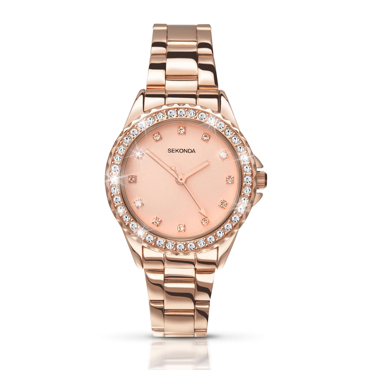 Rose gold-tone quartz watch with Sekonda pink dial, crystal-studded bezel and bracelet