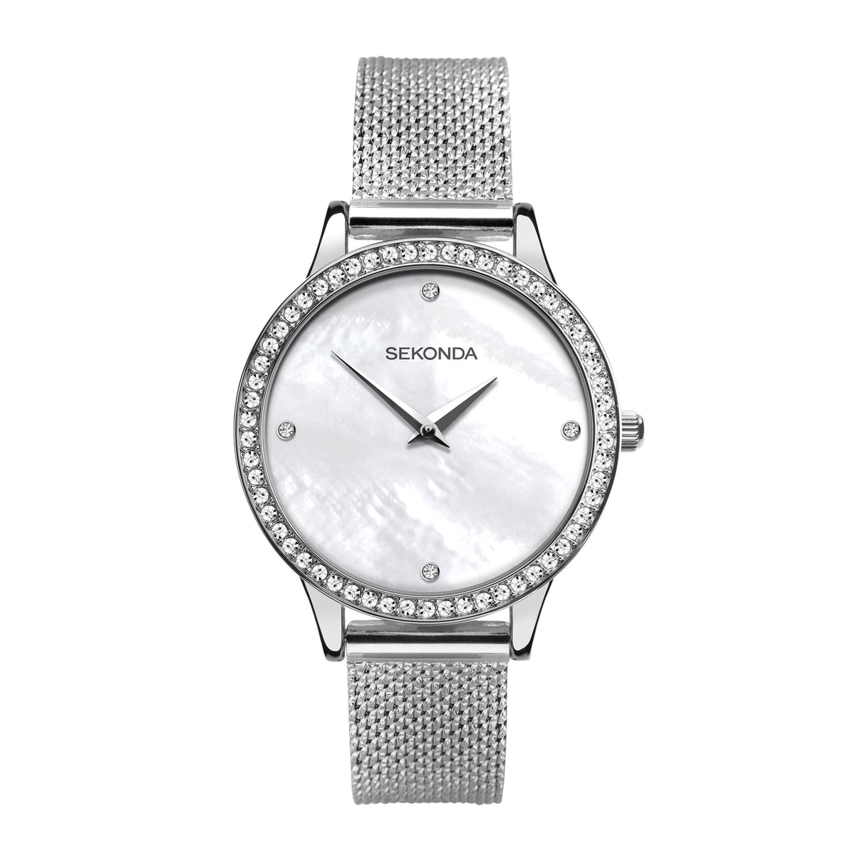Sekonda round watch with white dial, rhinestone bezel, silver mesh bracelet