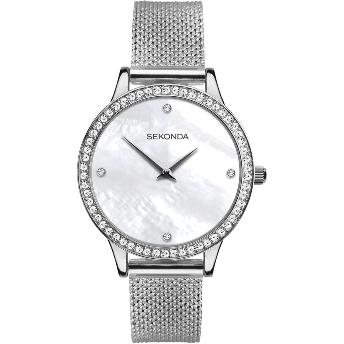 Sekonda bracelet watch with white mother-of-pearl dial, jeweled bezel, silver case