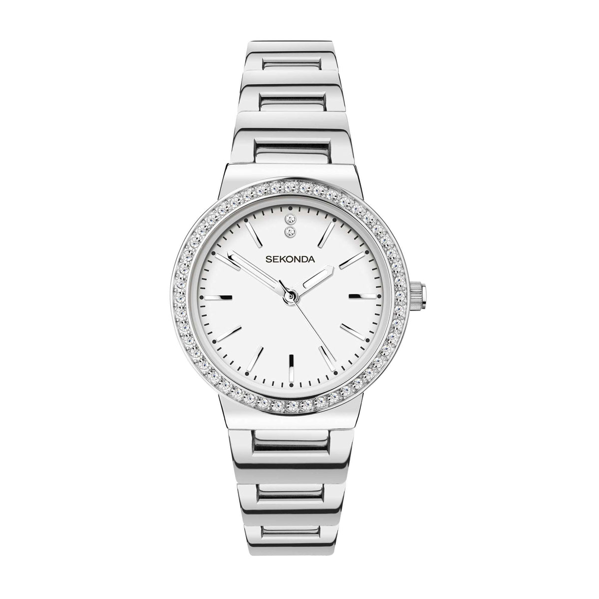 Ladies quartz wristwatch with white face, crystal-studded bezel, stainless steel bracelet