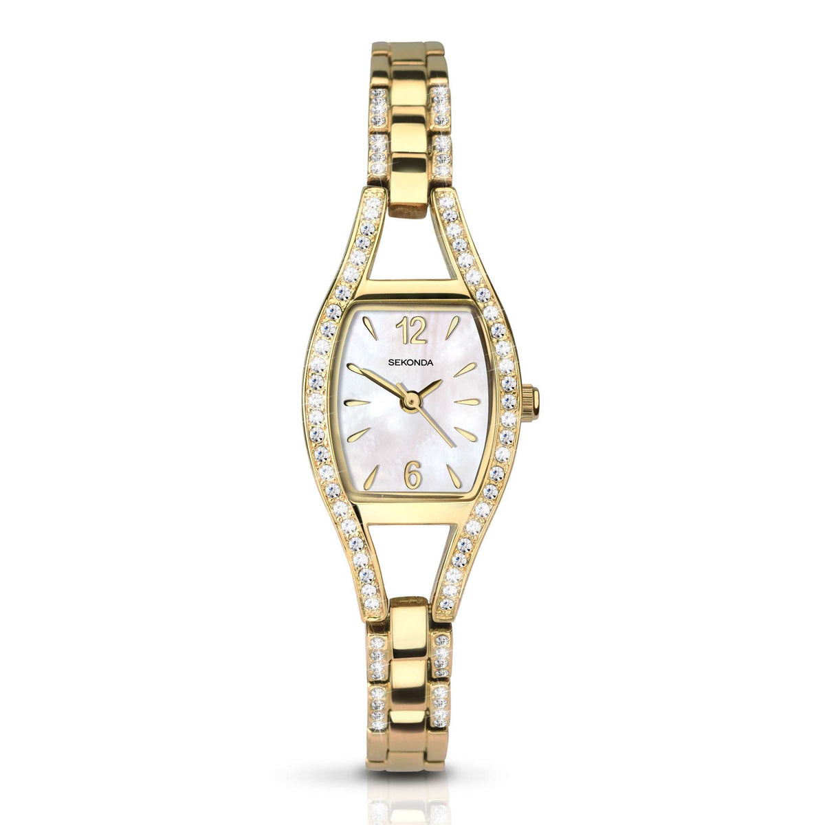Ladies quartz watch with mother-of-pearl dial and gold bracelet, crown at 3 o'clock
