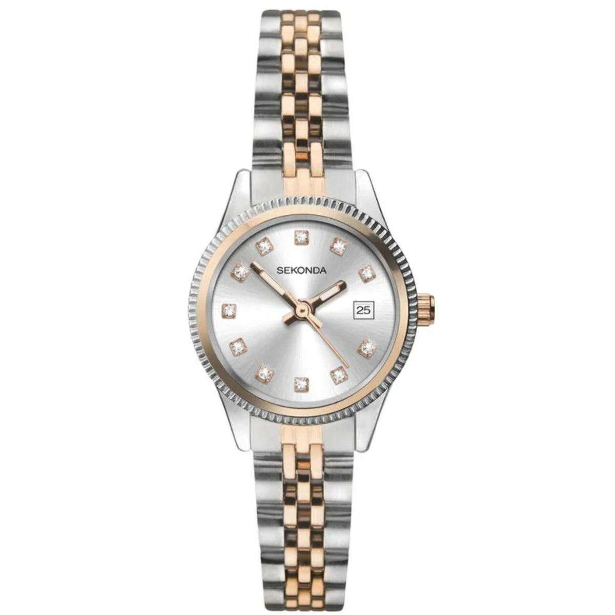 Two-tone bracelet quartz ladies watch, silver case, white dial with hour markers and brand logo