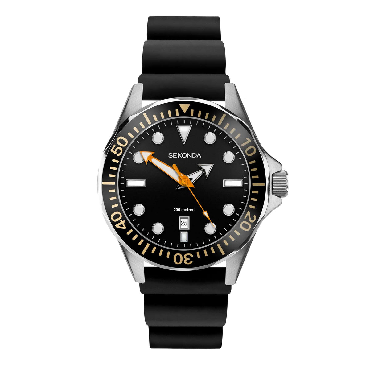 Men's Sekonda sports quartz watch, black rubber strap, orange dial and bezel details