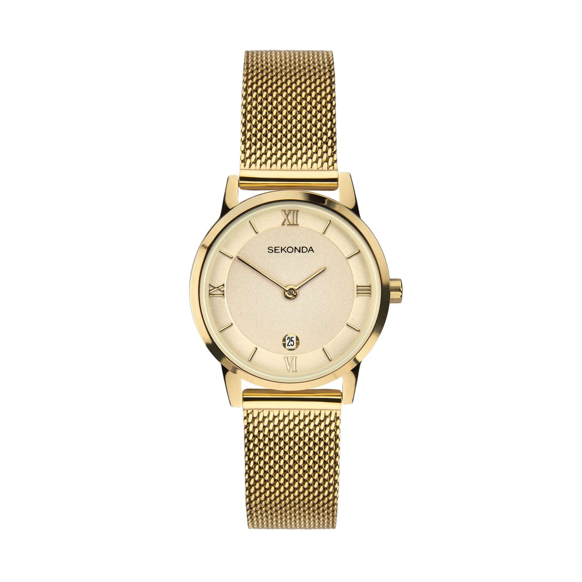 Gold PVD watch on Milanese bracelet, cream dial with Roman markers and date window